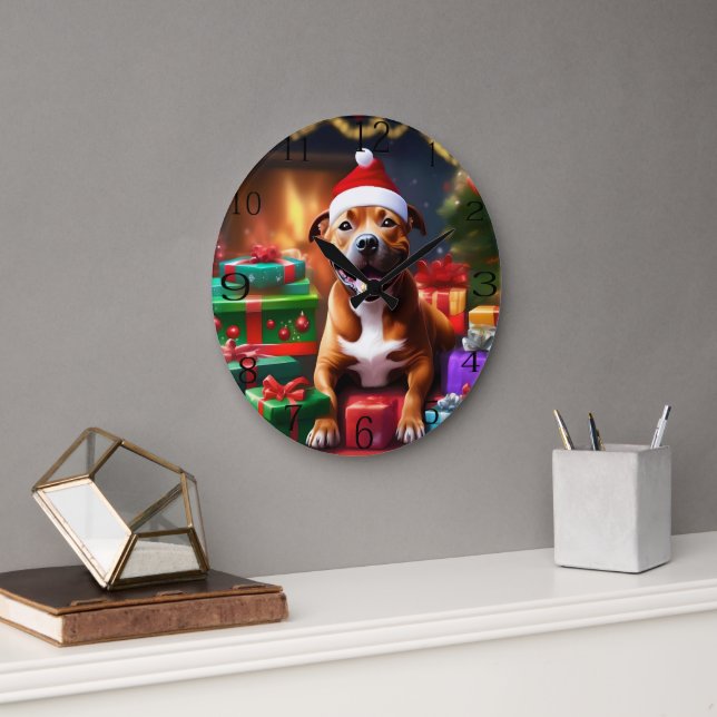 "Santa Paws: A Staffy’s Festive Surprise"   Large Clock (Office)