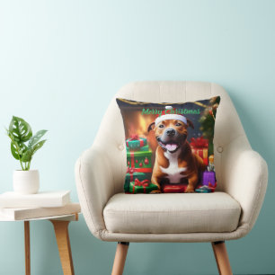 "Santa Paws: A Staffy’s Festive Surprise" Throw Pillow