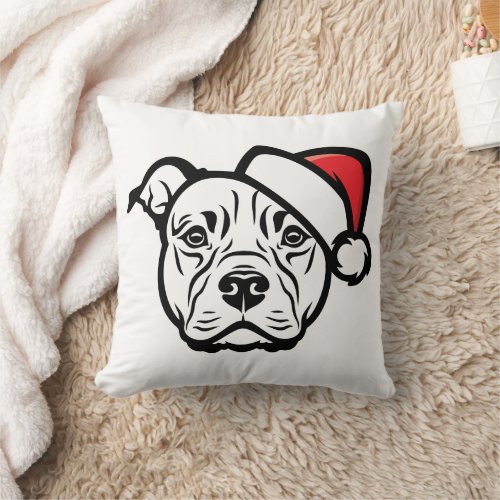 Santa Paws AmStaff Dog in Festive Hat Throw Pillow