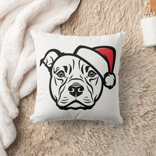 Santa Paws: AmStaff Dog in Festive Hat Throw Pillow (Blanket)