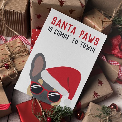 Santa Paws Christmas Blue Tan French Bulldog Card