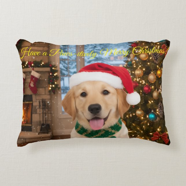 Santa Paws Christmas–Festive Golden Retriever Home Accent Pillow (Front)
