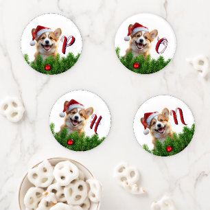 Santa Paws Corgi Holiday Initials Design Coaster Set