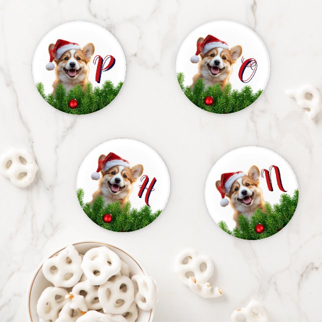 Santa Paws Corgi Holiday Initials Design Coaster Set (In Situ)