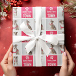 Santa Paws Dog 3 Photo Grid Festive Christmas  Wrapping Paper<br><div class="desc">The perfect gift wrap for dog lovers this christmas! Santa Paws is coming to Town - Design features 3 of your favorite pictures of your pet,  a red square block that can be changed to any color and a cute little heart paw print.</div>