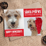 Santa Paws Dog Photo Happy Howlidays Christmas Holiday Card<br><div class="desc">Happy Howliday Christmas cards,  featuring two photographs of your dog or cat,  the funny text 'Santa Paws is coming to town!' with a cute white paw and a red heart,  and a transparent snow overlay to give the card that wintery feel. All text and pictures are easily customized.</div>