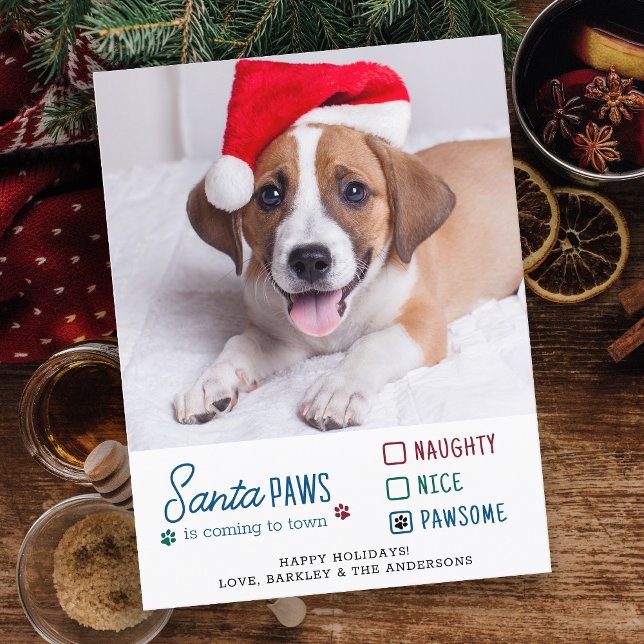 Santa Paws Naughty Nice Pawsome Dog Pet Photo  Holiday Postcard (Creator Uploaded)
