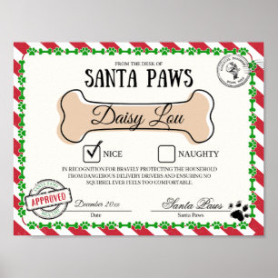 Santa Paw's Nice List Certificate for Dogs Poster