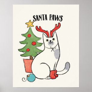 Santa Paws Reindeer Cat Poster