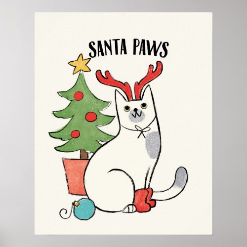 Santa Paws  Reindeer Cat Poster