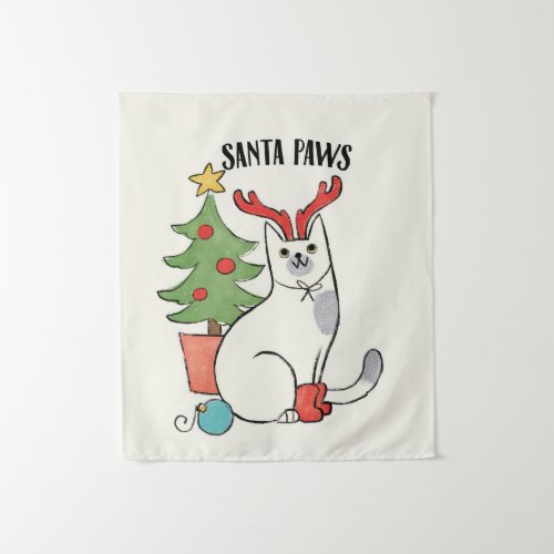Santa Paws  Reindeer Cat Tapestry