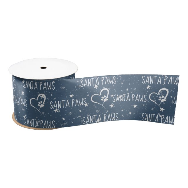 SANTA PAWS Text with Snowflakes Hearts Satin Ribbon (Spool)