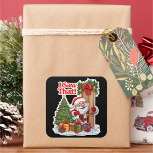 Santa Peeking Door Black Background Square Sticker