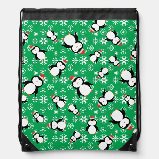 Santa penguin green snowflakes drawstring bag (Front)