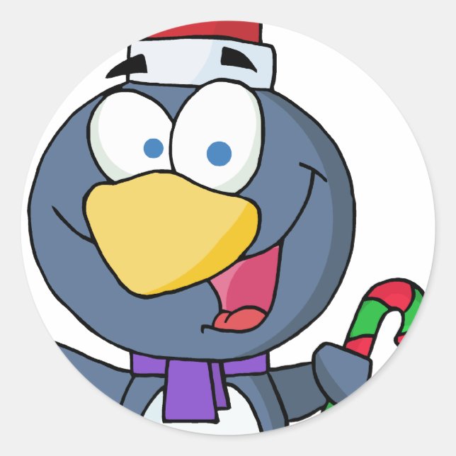Santa Penguin with Candy Cane Classic Round Sticker (Front)