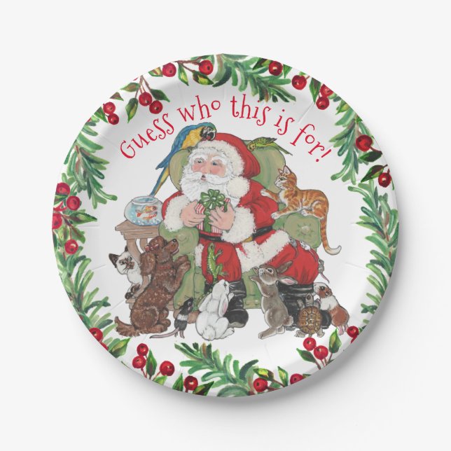  Santa Pets Christmas Gift Dog Cat Bunny Humorous Paper Plates (Front)