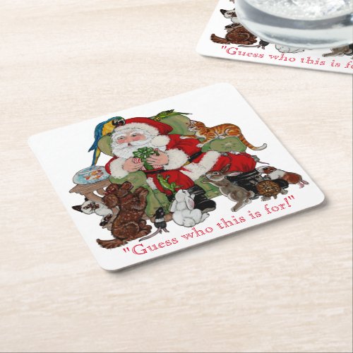 Santa  Pets Christmas Holiday Fun Animal Lover Square Paper Coaster