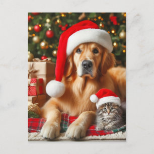 Santa Pets Golden Retriever and Kitten Christmas Postcard