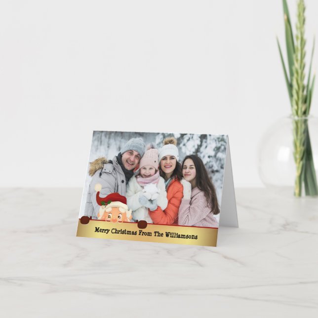 Santa Photo Bombs Gold Band Christmas Photo Holiday Card (Front)