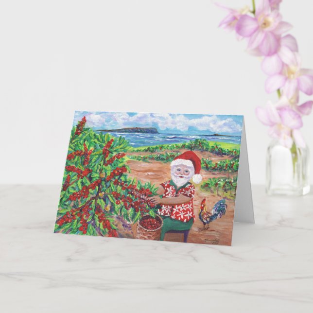 Santa Picking Coffee on Kauai Hawaii Holiday Card (Orchid)