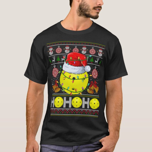 Santa Pickleball Ball Christmas Tree Light Ugly Ch T-Shirt (Front)