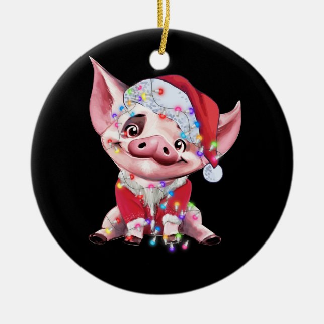 Santa Pig Christmas Lights Pig Lover Christmas Ceramic Ornament (Front)