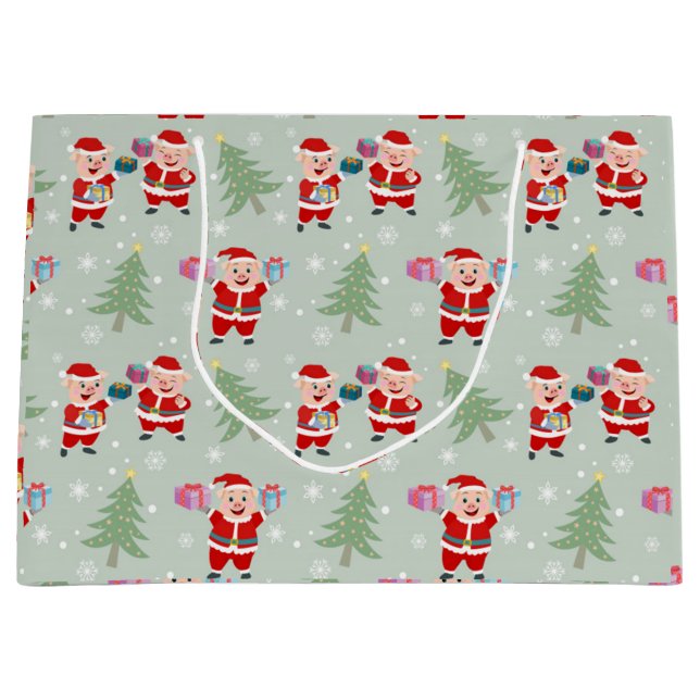 Santa  Pig Giving Gifts Pattern Large Gift Bag (Front)
