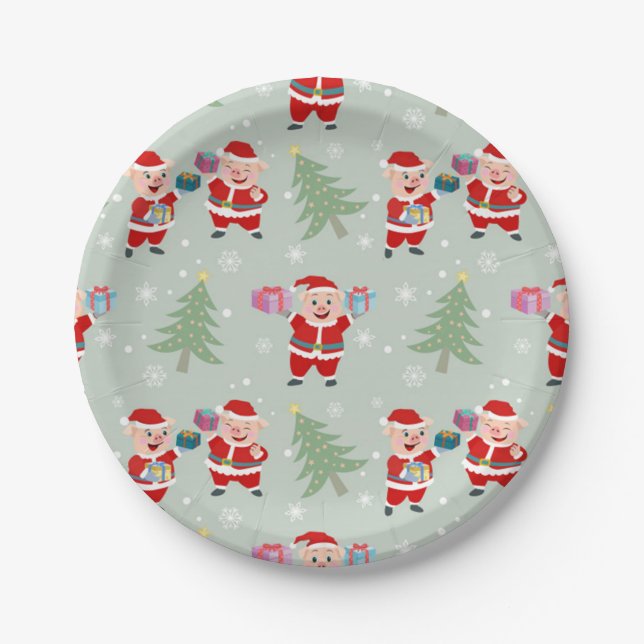 Santa  Pig Giving Gifts Pattern Paper Plates (Front)