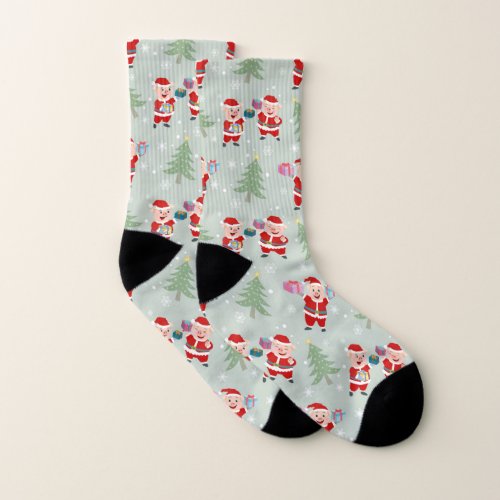 Santa  Pig Giving Gifts Pattern Socks