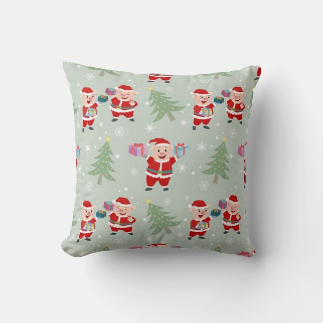 Santa  Pig Giving Gifts Pattern Throw Pillow (Front)