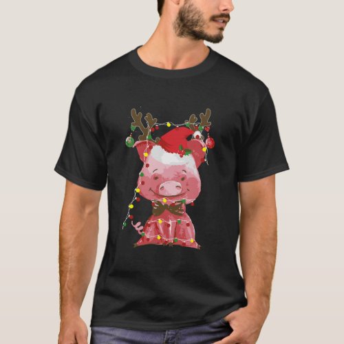 Santa Pig Reindeer Lights Christmas Gifts T_Shirt