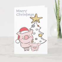 Santa Piggy and Baby Pig Christmas Tree Holiday Card