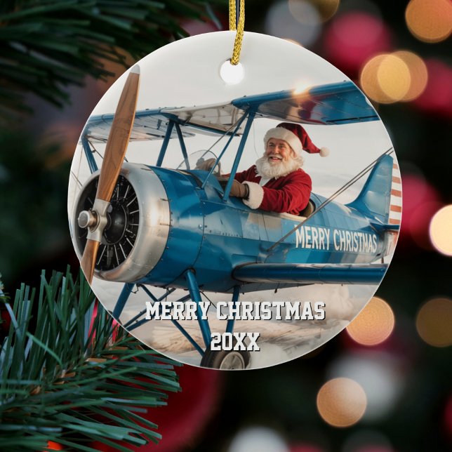 Santa Pilot Flies Airplane Funny Photo Christmas Ceramic Ornament (Creator Uploaded)