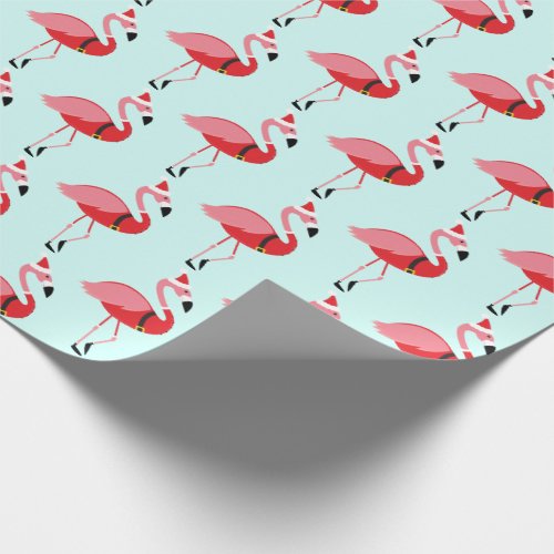 Santa Pink Flamingo Blue Christmas Pattern Wrapping Paper