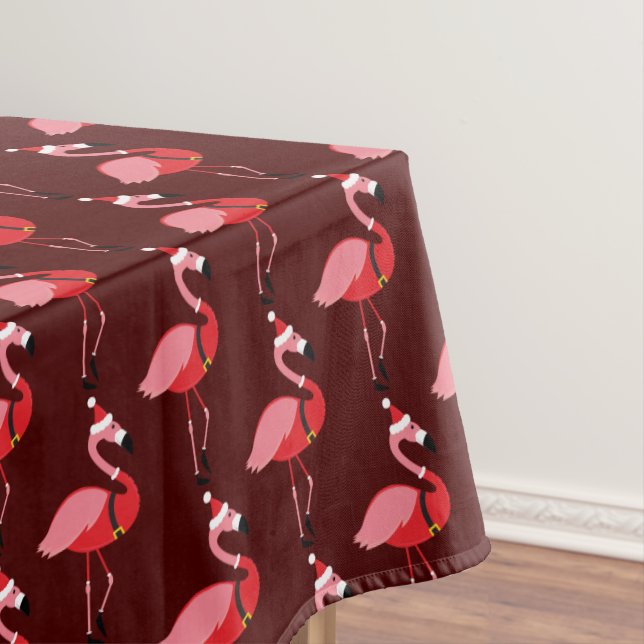 Santa Pink Flamingo Burgundy Christmas Tablecloth (In Situ)