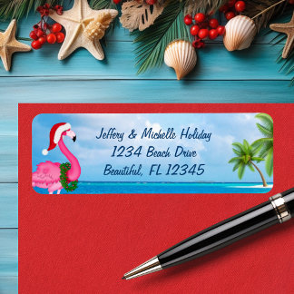 Santa Pink Flamingo Christmas Beach Address Label