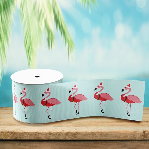 Santa Pink Flamingo Christmas Blue Holiday Pattern Grosgrain Ribbon