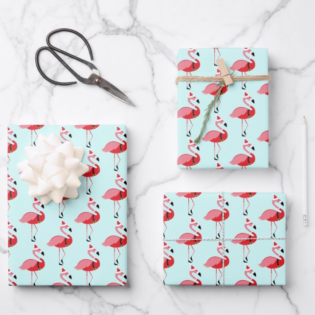 Santa Pink Flamingo Christmas Pattern Wrapping Paper Sheets (Front)