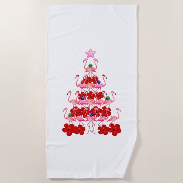Santa Pink Flamingo Christmas Tree Beach Towel (Front)