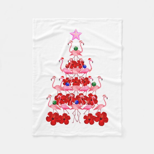 Santa Pink Flamingo Christmas Tree Fleece Blanket (Front)