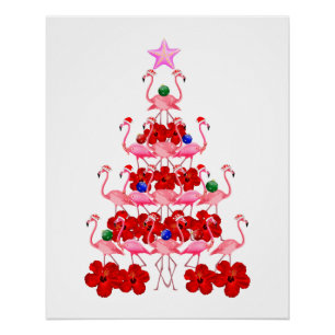 Santa Pink Flamingo Christmas Tree Poster