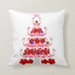 Santa Pink Flamingo Christmas Tree Throw Pillow