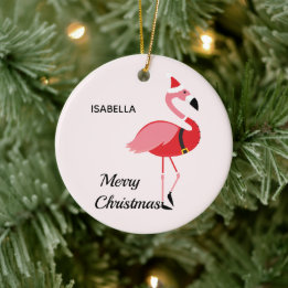 Santa Pink Flamingo Holiday Animal Merry Christmas Ceramic Ornament