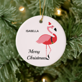 Santa Pink Flamingo Holiday Animal Merry Christmas Ceramic Ornament