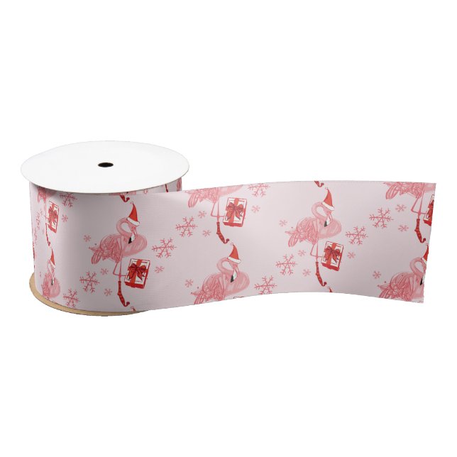 Santa Pink Flamingo Pattern Christmas Holiday Satin Ribbon (Spool)