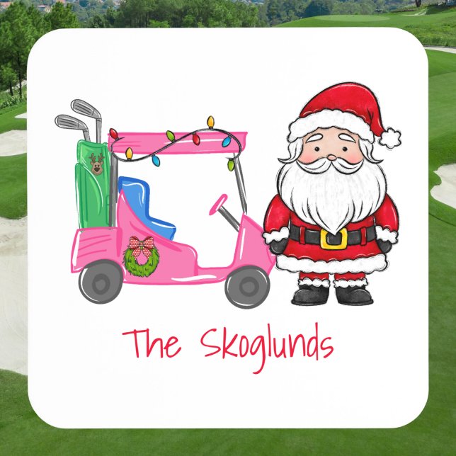 Santa Pink Golf Cart Christmas with Lights Wreath Beverage Coaster (Creator Uploaded)