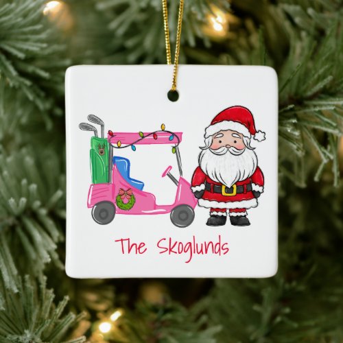 Santa Pink Golf Cart Personalized Christmas Golfer Ceramic Ornament
