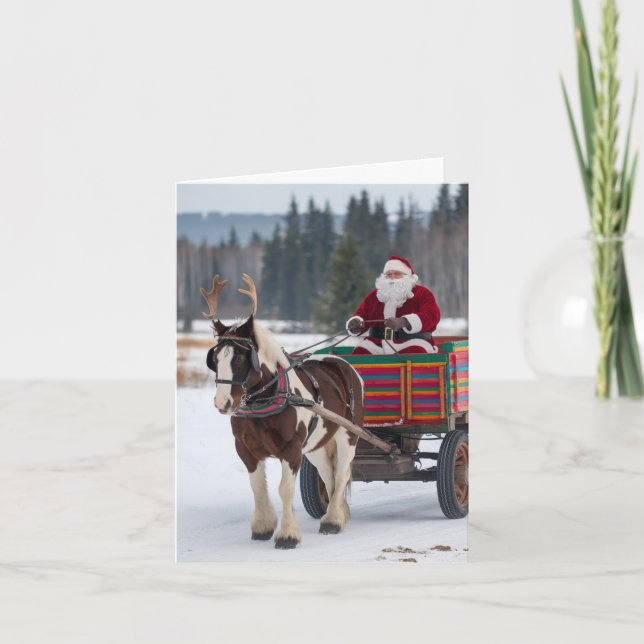 Santa Pinto Draft Horse Antlers Colorful Wagon  Card (Front)