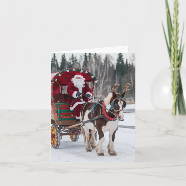 Santa Pinto Draft Horse Antlers Red Green Wagon  Card (Front)