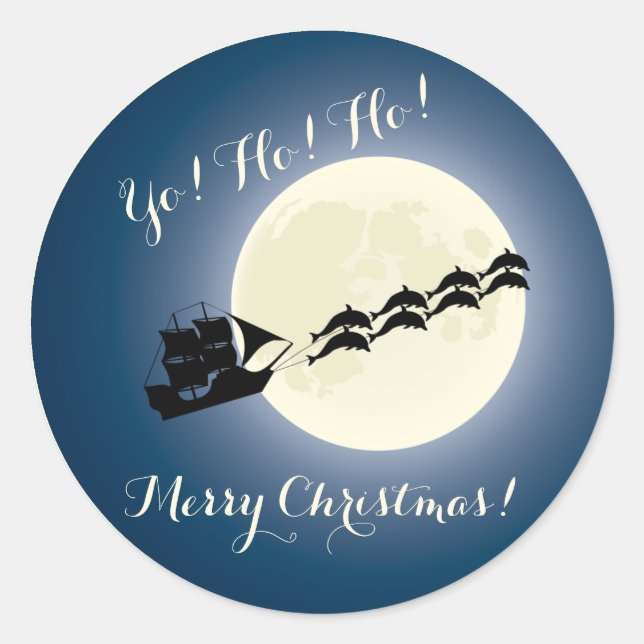 Santa Pirate Ship w/ Dolphins Christmas Holiday Classic Round Sticker (Front)